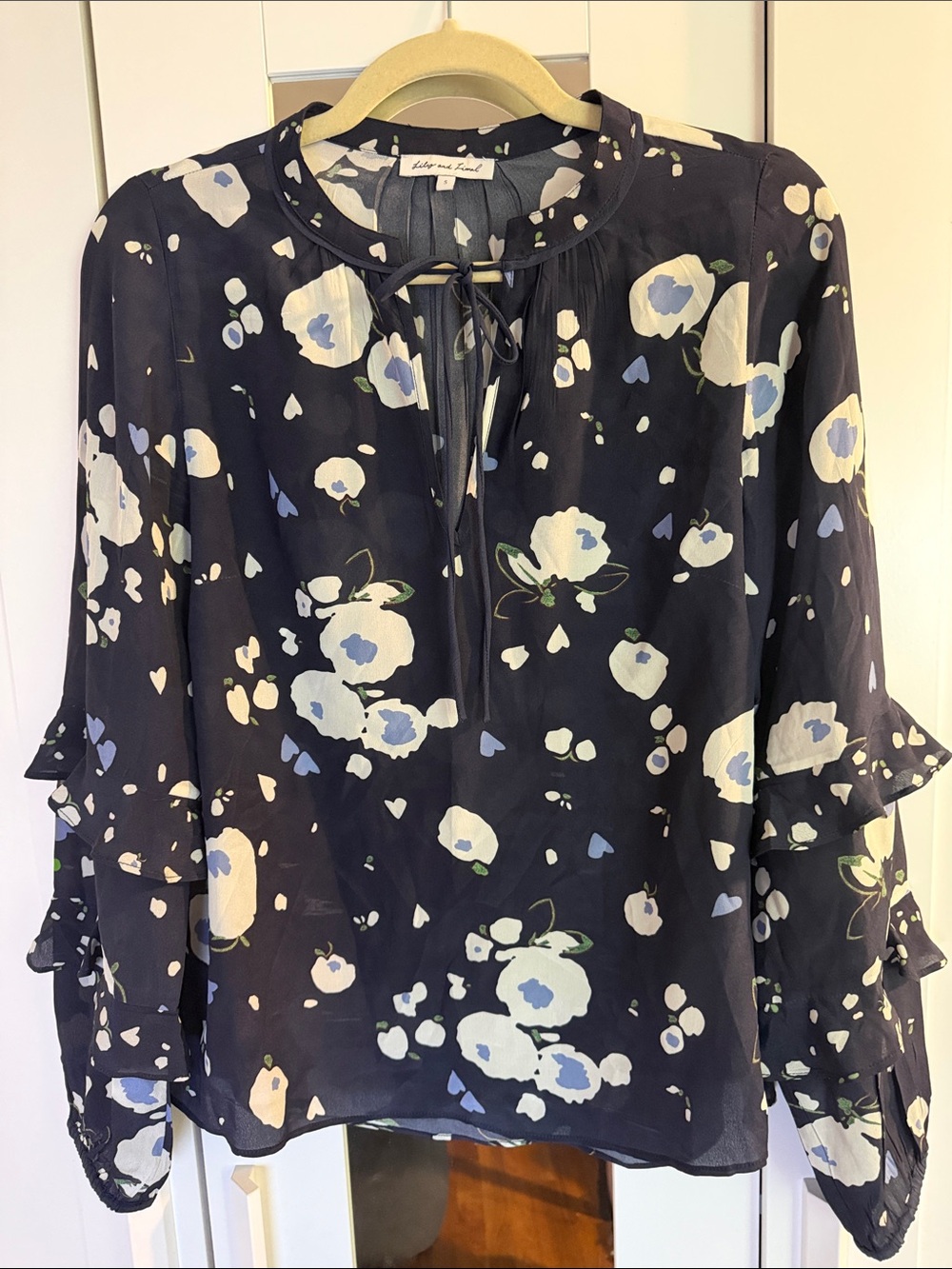 Tie-Neck Floral Blouse in Black with Blue and Cream Accents